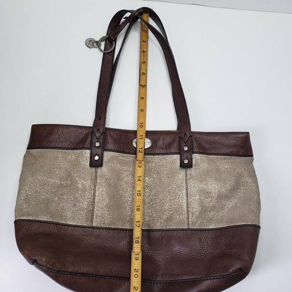 Fossil Zip Top Shoulder Bag Tote Leather Shimmer Fabric Purse - Picture 12 of 13